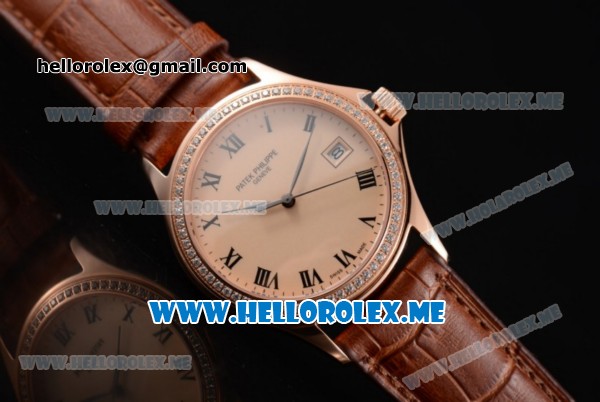 Patek Philippe Calatrava Miyota 9015 Automatic Rose Gold Case with Rose Gold Dial Brown Leather Strap and Roman Numeral Markers Diamonds Bezel - Click Image to Close